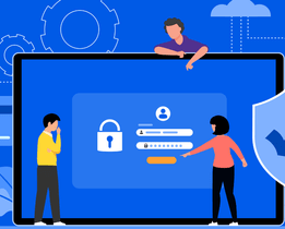 Illustration of multi-factor authentication (MFA) software showing secure login with password, user verification, and data protection shield on a digital device