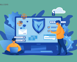 Cybersecurity software illustration showing data protection, password security, email threat detection, and user authentication on a digital dashboard.