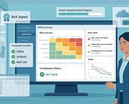 Healthcare ERM dashboard showing HIPAA, HITRUST, NIST compliance status, risk heatmap, and vendor risk alerts