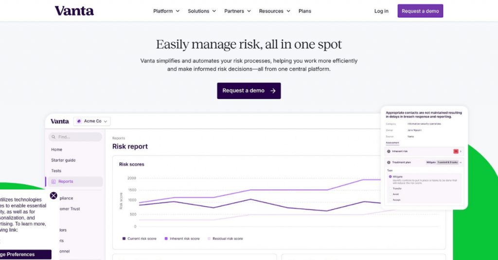 Vanta compliance automation dashboard showing risk reports, security monitoring, and audit-ready compliance tracking