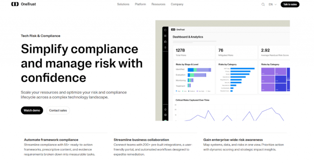 OneTrust risk and compliance platform dashboard displaying analytics, risk scores, and enterprise compliance insights