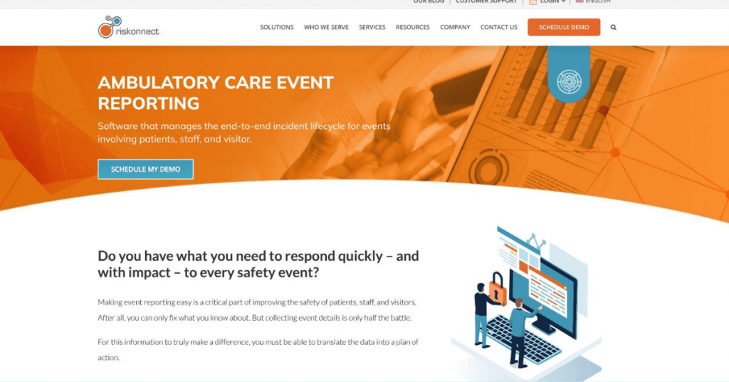 Riskonnect healthcare risk management software showing ambulatory care event reporting and incident lifecycle tracking