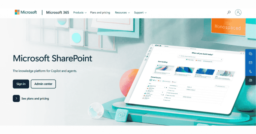 Microsoft SharePoint interface displaying document collaboration, content management, and enterprise knowledge platform features