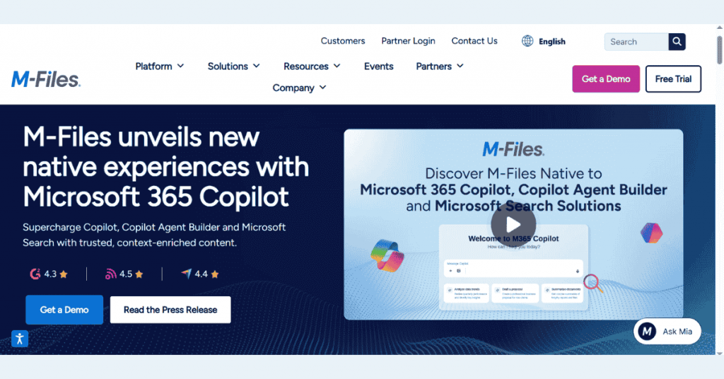 M-Files document management platform integrated with Microsoft 365 Copilot for intelligent content management