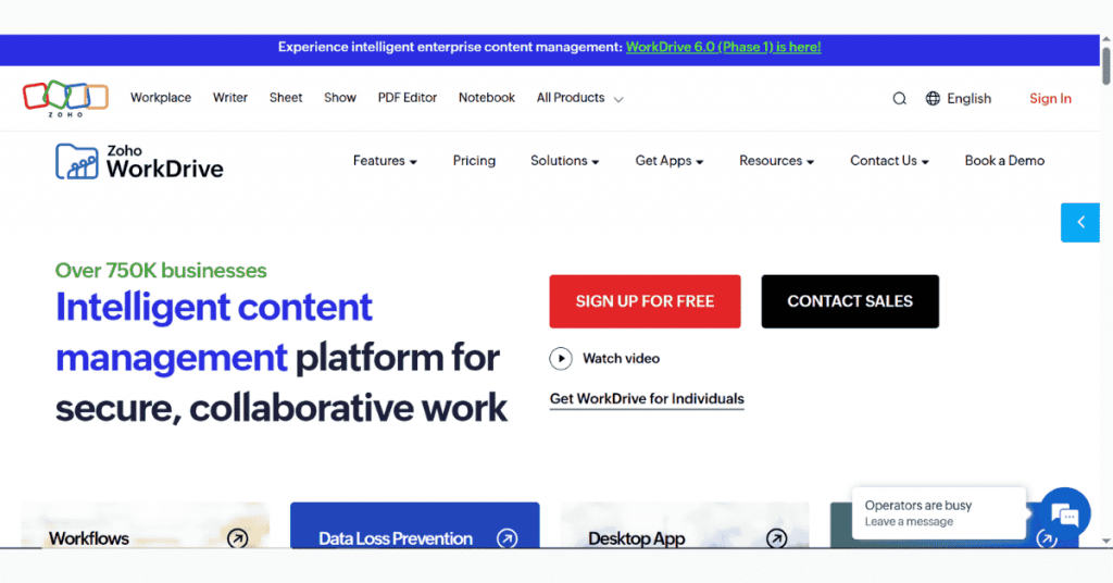Zoho WorkDrive content management platform showcasing secure file sharing, collaboration, and cloud document storage tools