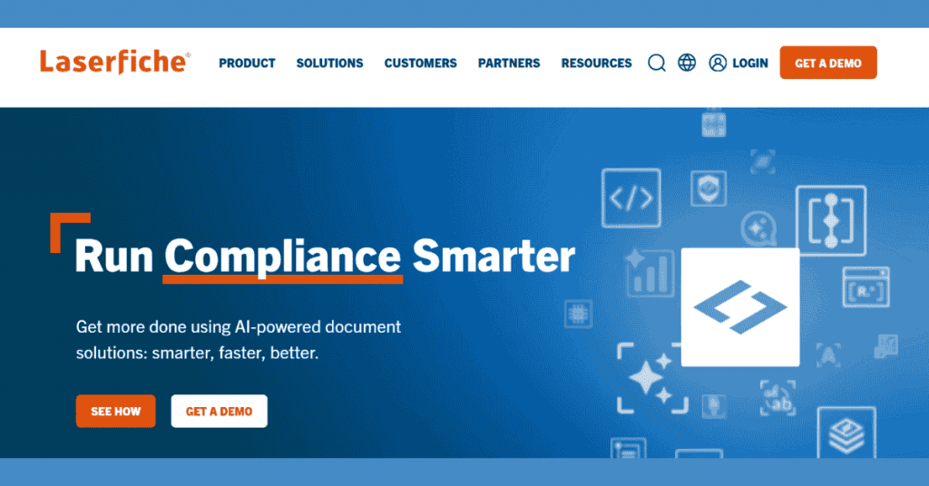 Laserfiche document management software homepage highlighting AI-powered compliance and workflow automation solutions