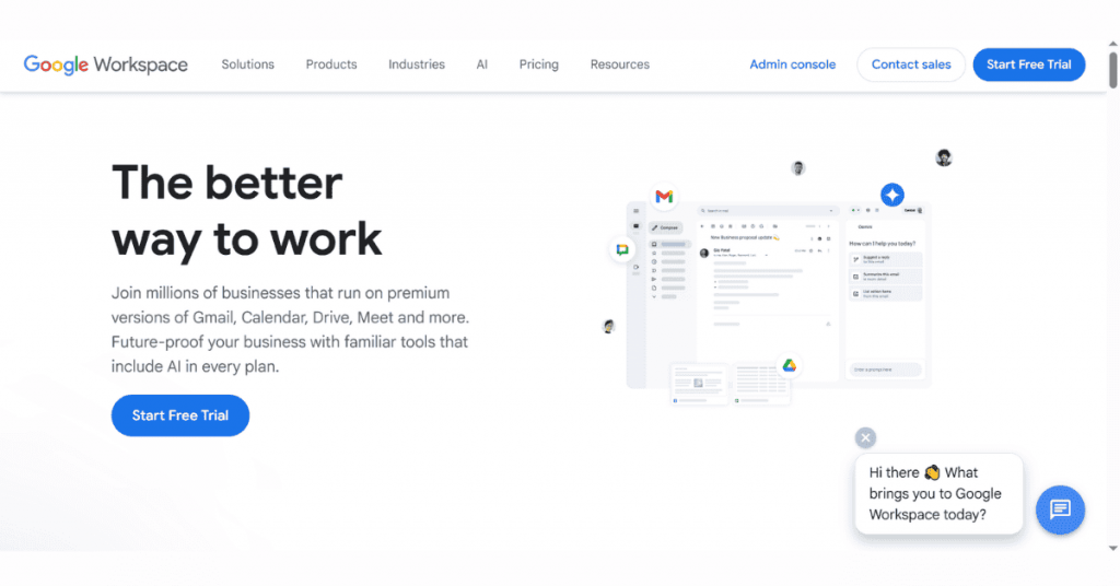 Google Workspace dashboard showing Gmail, Drive, and AI-powered collaboration tools for business productivity
