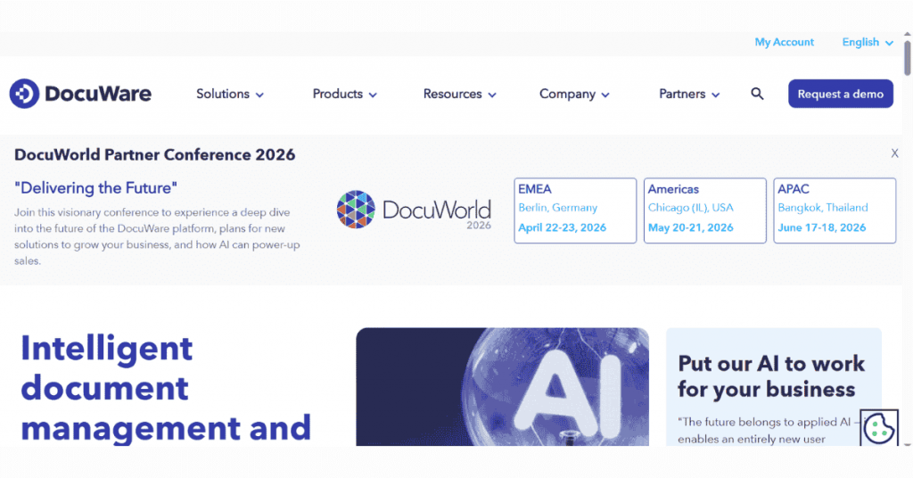 DocuWare intelligent document management software homepage showcasing AI-powered document automation and DocuWorld 2026 event