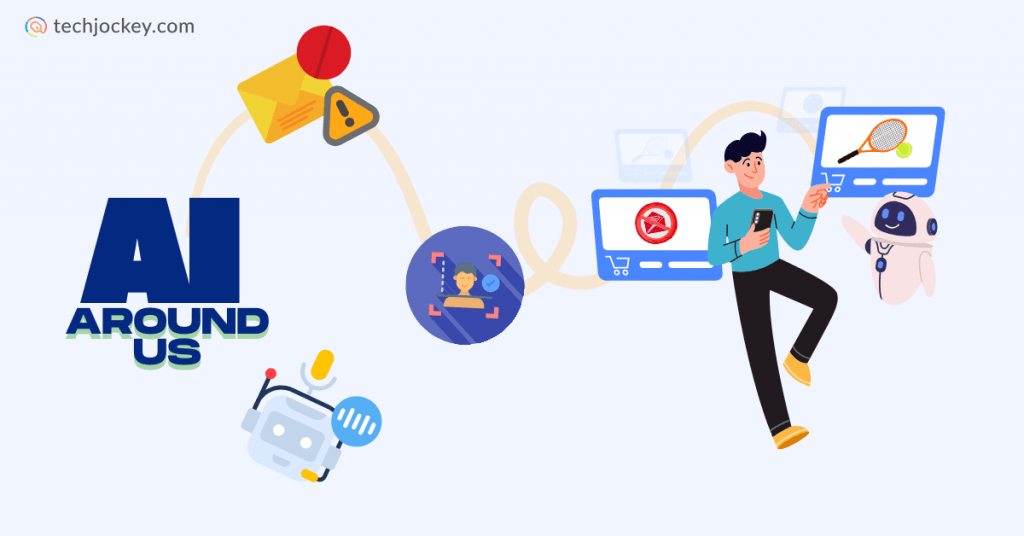 AI applications in daily life illustration showing facial recognition, chatbots, recommendation systems and smart devices