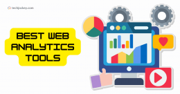 Best web analytics tools illustration with dashboard charts, graphs, KPI metrics, and performance tracking interface on a computer screen for data analysis and marketing insights