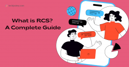 Illustration of RCS messaging showing two people chatting on a smartphone with text bubbles, representing rich communication features like media sharing and real-time messaging.