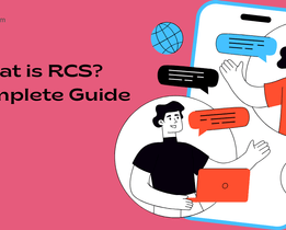 Illustration of RCS messaging showing two people chatting on a smartphone with text bubbles, representing rich communication features like media sharing and real-time messaging.