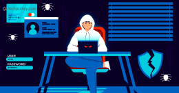 Illustration of a hacker performing a cyberattack with login credentials, malware bugs, and a broken security shield on screen.