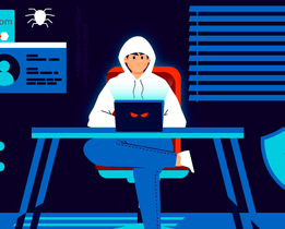Illustration of a hacker performing a cyberattack with login credentials, malware bugs, and a broken security shield on screen.