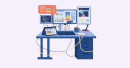 Illustration of a log monitoring dashboard setup with multiple screens displaying analytics, charts, and real-time system monitoring data.