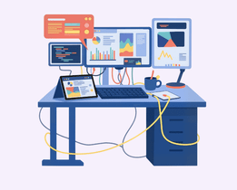 Illustration of a log monitoring dashboard setup with multiple screens displaying analytics, charts, and real-time system monitoring data.