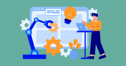 Workflow orchestration software automation illustration with gears, robotic arm, and cloud workflow management system