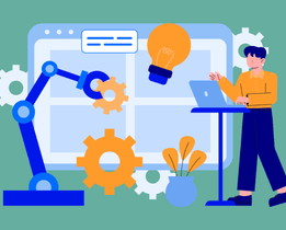 Workflow orchestration software automation illustration with gears, robotic arm, and cloud workflow management system