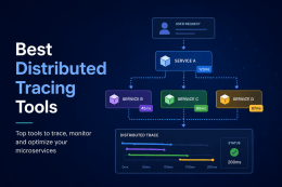 Best Distributed Tracing Tools featured image showing a futuristic network visualization with connected nodes, monitoring icons, and distributed systems performance tracking concept.