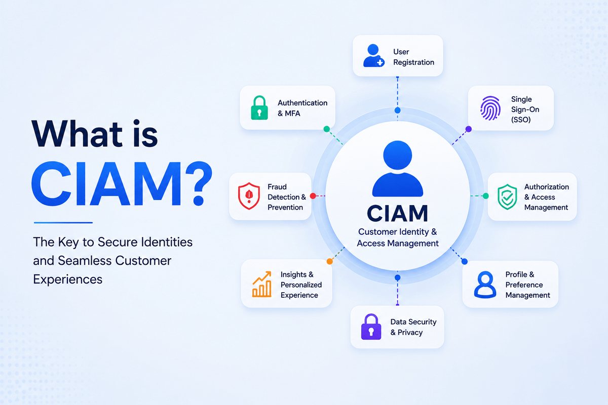 Illustration explaining CIAM (Customer Identity and Access Management) with features like authentication, SSO, fraud prevention, and data security.
