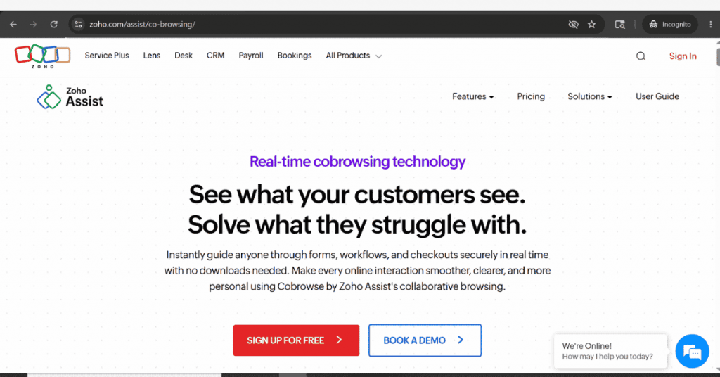 Zoho Assist co-browsing software enabling support agents to view customer screens and provide real-time troubleshooting assistance.