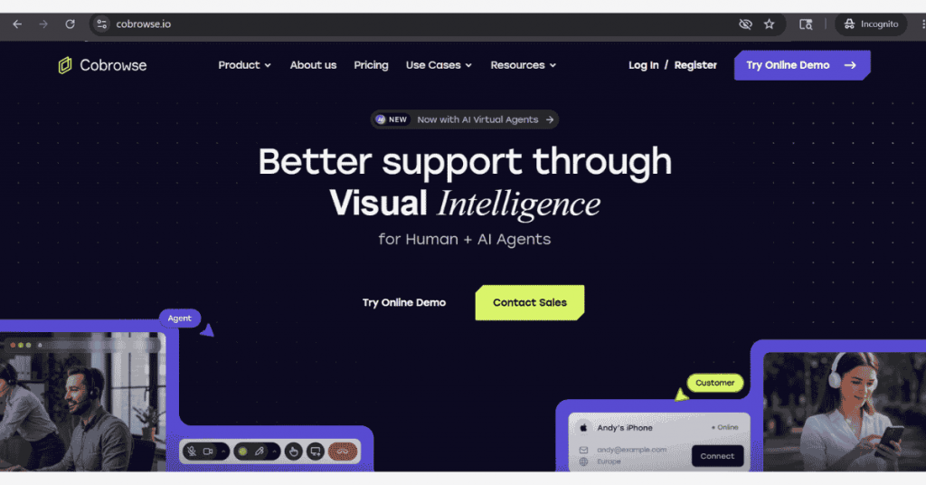 Cobrowse.io co-browsing software dashboard showcasing visual customer support, AI agents, and real-time collaborative browsing for online assistance.