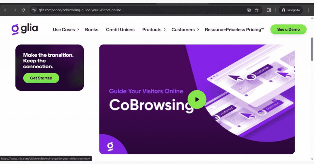 Glia co-browsing solution interface demonstrating guided customer interactions and real-time website navigation support for digital engagement.