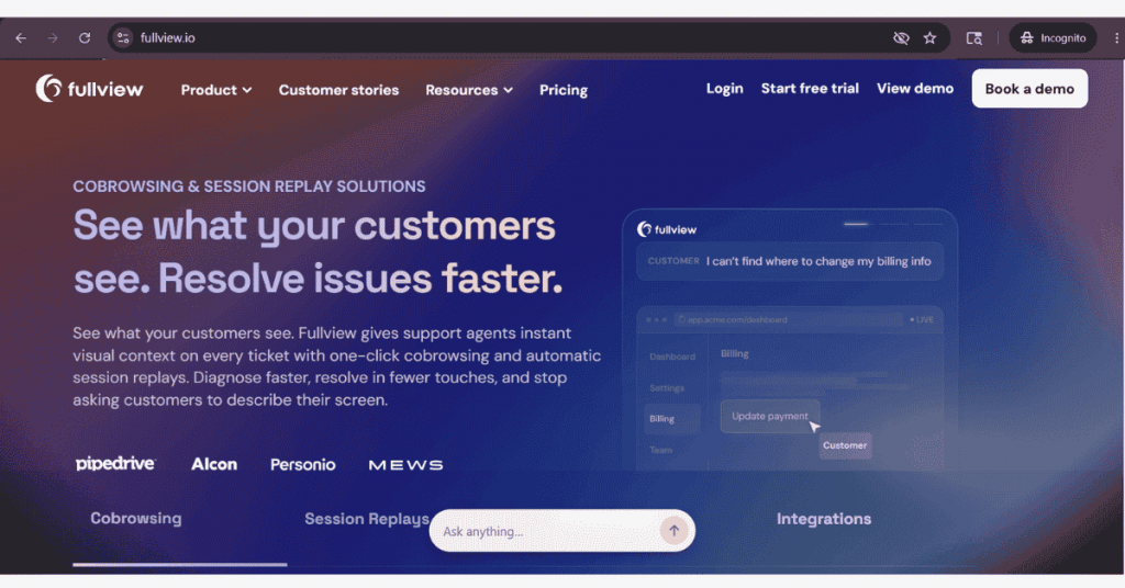 Fullview co-browsing and session replay software interface showing real-time customer screen sharing, issue resolution, and support agent collaboration tools.