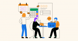 Illustration of a team managing financial operations with a calendar, calculator, invoice, and coins, representing payroll processing, accounting, budgeting, and monthly financial planning.