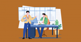 Illustration of a manager and employee discussing work tasks in a modern office, with documents, a computer, and workplace collaboration setting.