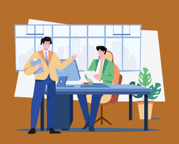 Illustration of a manager and employee discussing work tasks in a modern office, with documents, a computer, and workplace collaboration setting.