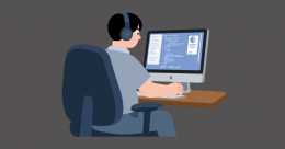 Illustration of a software developer wearing headphones and working on code displayed on a desktop computer at a workstation.