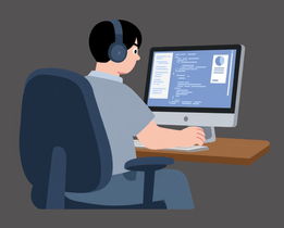 Illustration of a software developer wearing headphones and working on code displayed on a desktop computer at a workstation.