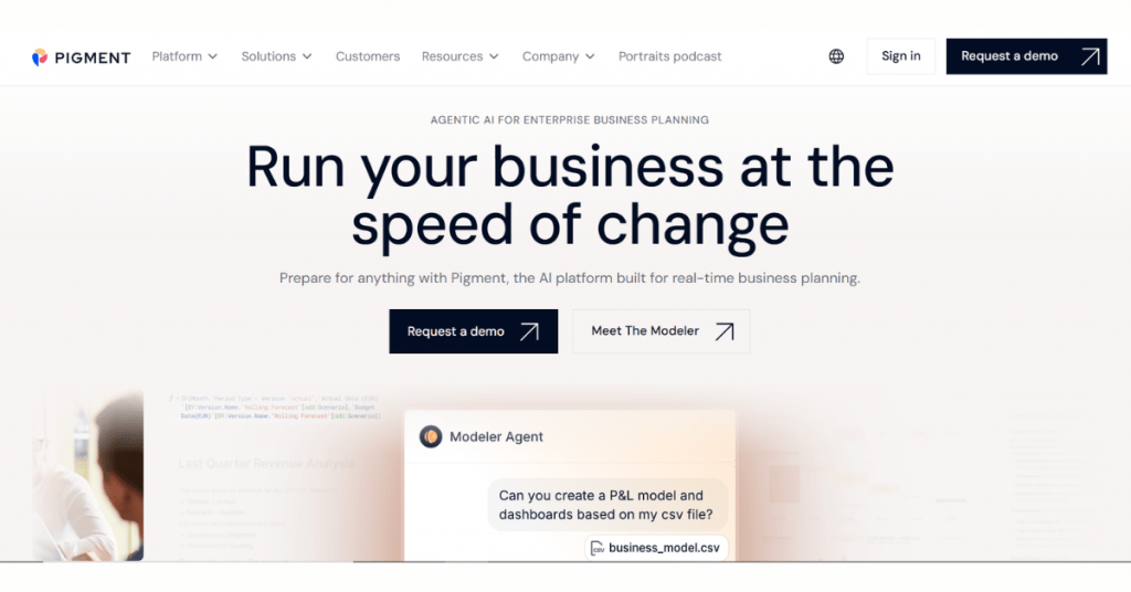 Pigment business planning platform offering AI-driven financial planning, scenario modeling, and enterprise performance management.
