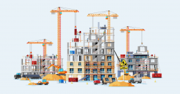 Illustration of a large multi-building construction site with several tower cranes, partially completed residential and commercial buildings, construction workers, excavators, trucks, concrete mixers, scaffolding, sand piles, and safety barriers. Active construction work is taking place across multiple structures at different stages of development