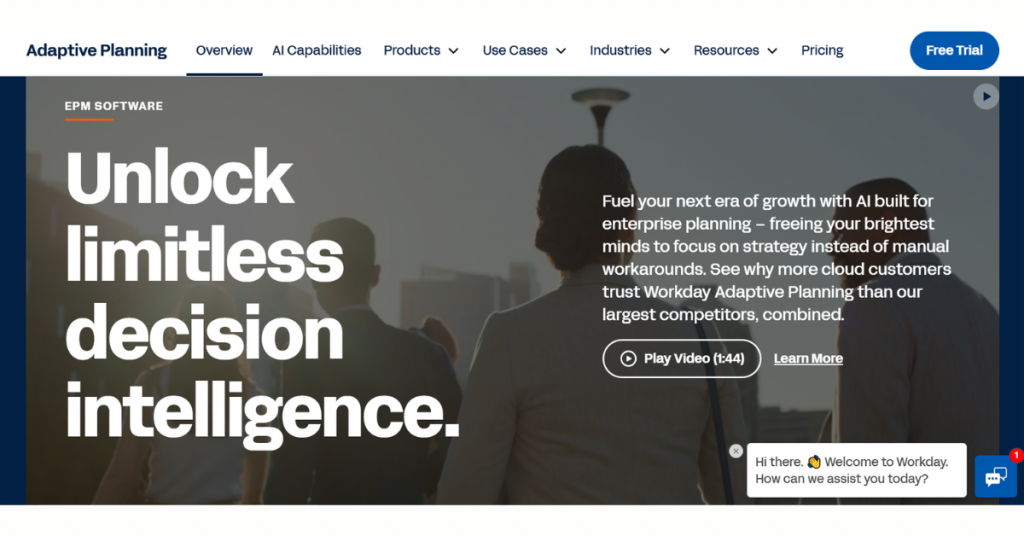 Workday Adaptive Planning homepage showcasing AI-powered enterprise planning software with the headline Unlock limitless decision intelligence and a call-to-action for a free trial.