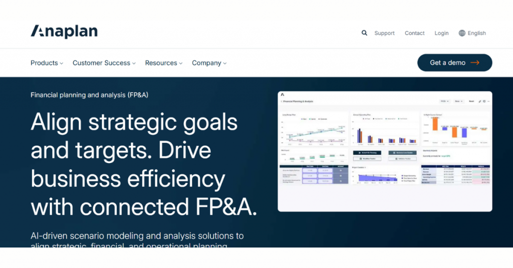 Anaplan FP&A software homepage highlighting connected financial planning and analysis with strategic goal alignment dashboards and business forecasting tools.