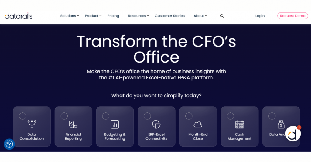 Datarails FP&A software homepage promoting AI-powered financial planning, budgeting, forecasting, reporting, and CFO office transformation solutions.