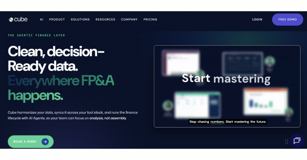 Cube FP&A platform homepage featuring AI-powered financial planning software with the headline Clean, decision-ready data and integrated finance analytics dashboards.