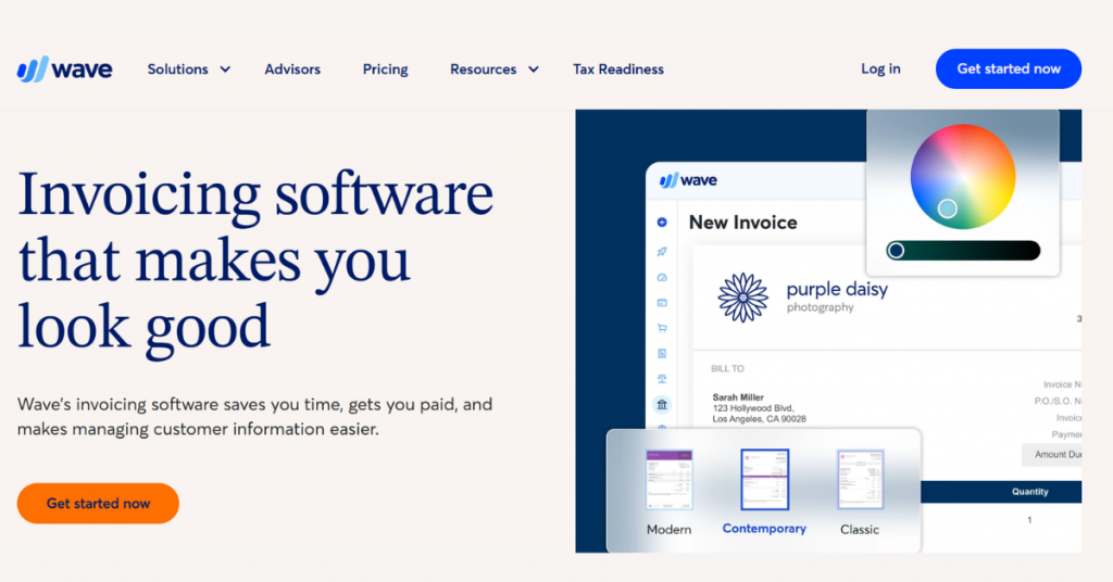 Wave invoicing software interface for creating professional invoices, tracking payments, and customizing invoice templates.