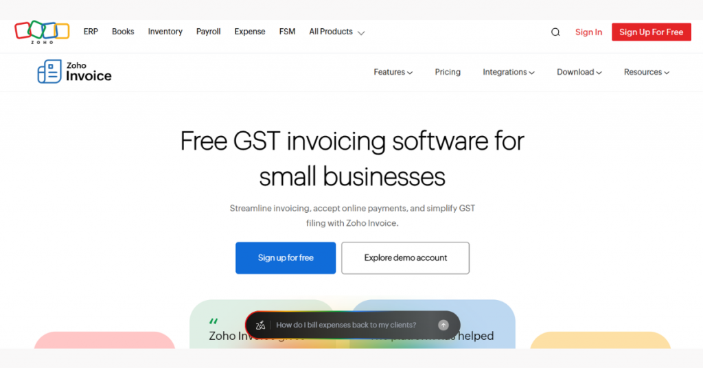 Zoho Invoice free GST invoicing software for small businesses with online payment and billing management features.
