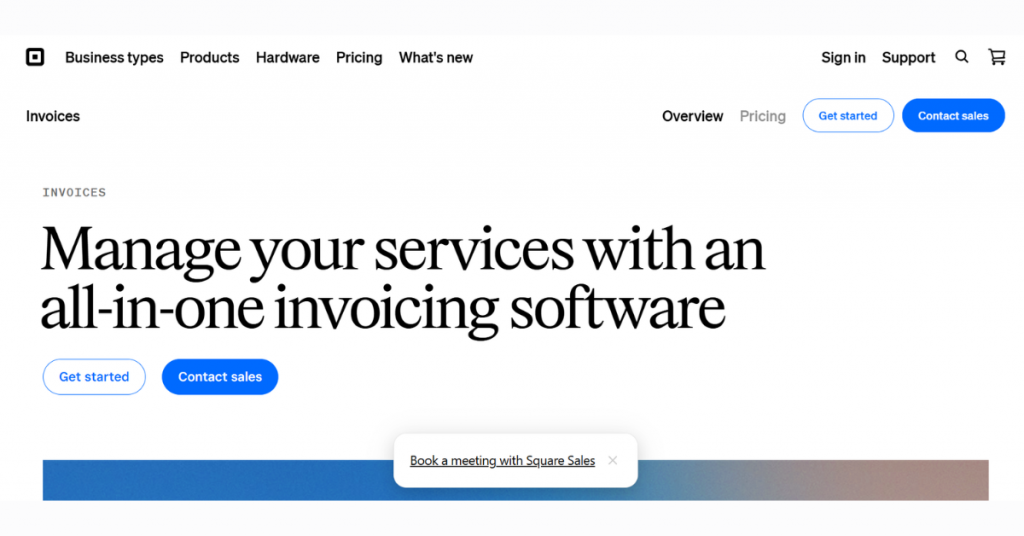 Square Invoices software page highlighting all-in-one invoicing solution for managing services and customer payments.