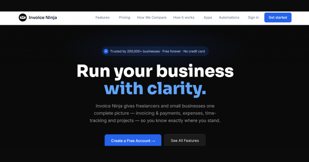 Invoice Ninja homepage showcasing free invoicing, expense tracking, payments, and project management software.