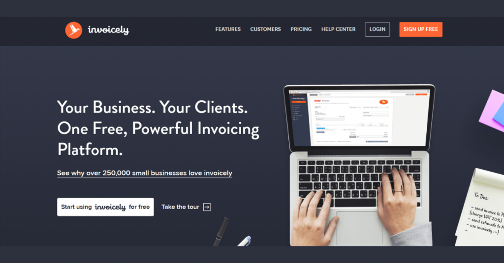Invoicely invoicing software interface for creating invoices and managing clients for small businesses.