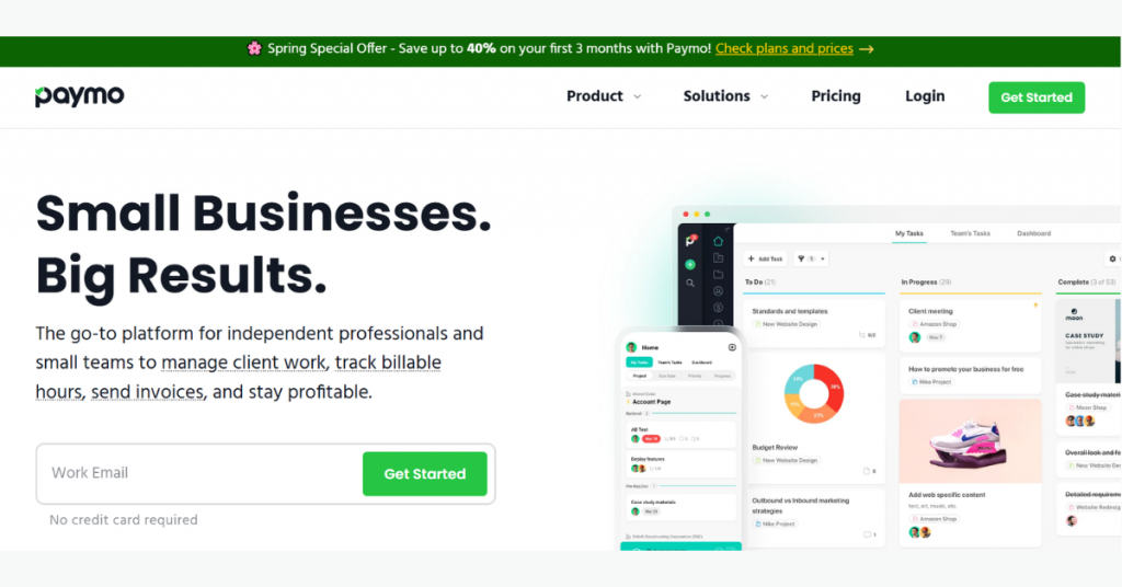 Paymo business management software featuring invoicing, project management, time tracking, and team collaboration tools.