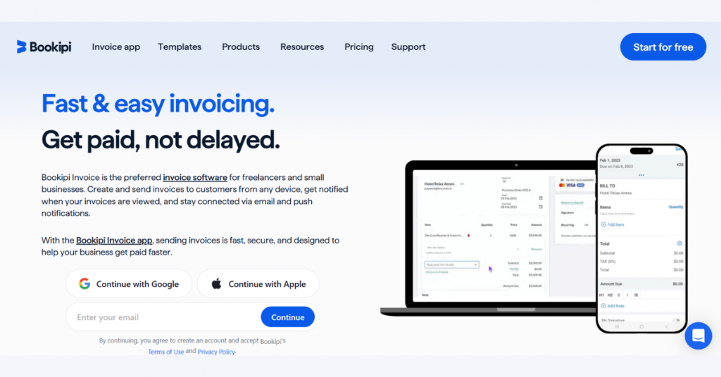 Bookipi invoice software dashboard with mobile app for creating, sending, and managing invoices for small businesses.