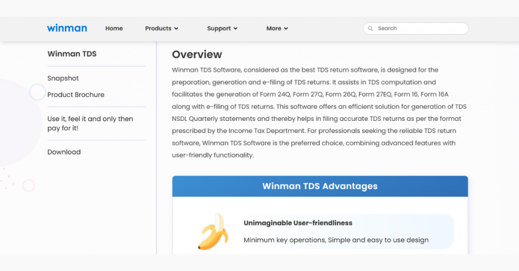 Winman TDS software dashboard for TDS return preparation, calculation, and e-filing
