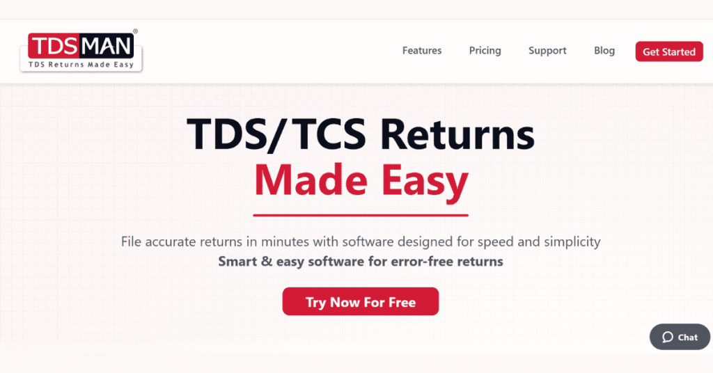 TDSMAN TDS and TCS return filing software homepage with error-free return filing features