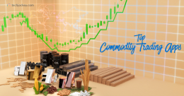 Top commodity trading apps illustration featuring gold, silver, crude oil, agricultural commodities, and rising market charts.