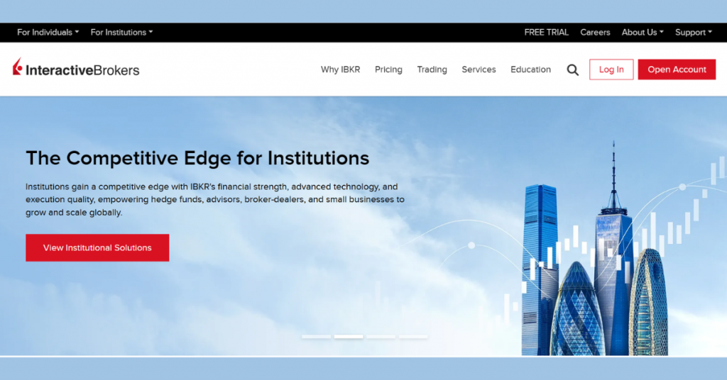 Interactive Brokers trading platform homepage showcasing global investing, institutional trading, and advanced market tools.